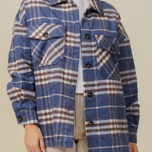 *BOUTIQUE NEW*  Brushed Thick Flannel Blue Plaid Shacket Jacket Button Down Top - Picture 2 of 4